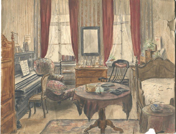 watercolour of Mary and Mabel's bed-sitting room in Dresden, 1889