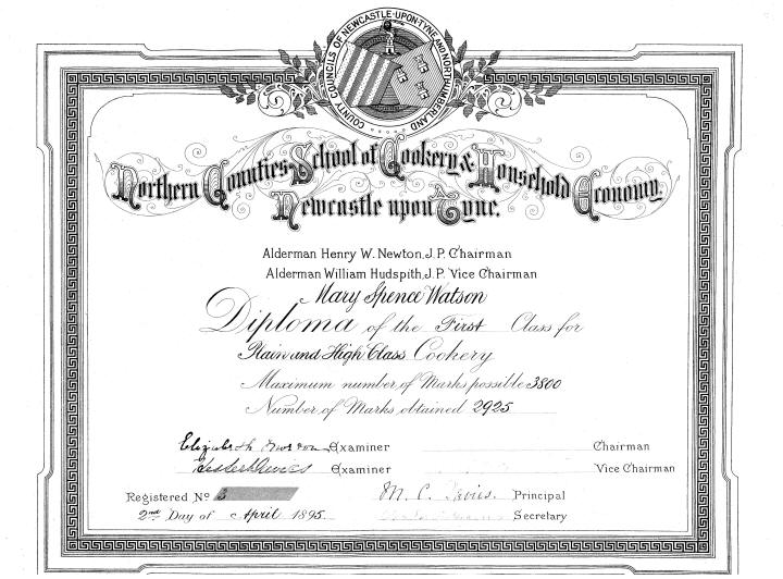 Mary Spence Watson, cookery diploma, 1895