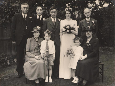 Ruth's wedding day, 7 June 1941: Reuben, Ruth E, Edgar, Sidney, & Ruth Beck, Frank & Mary Pollard, and Rowland & Rosemary Dale