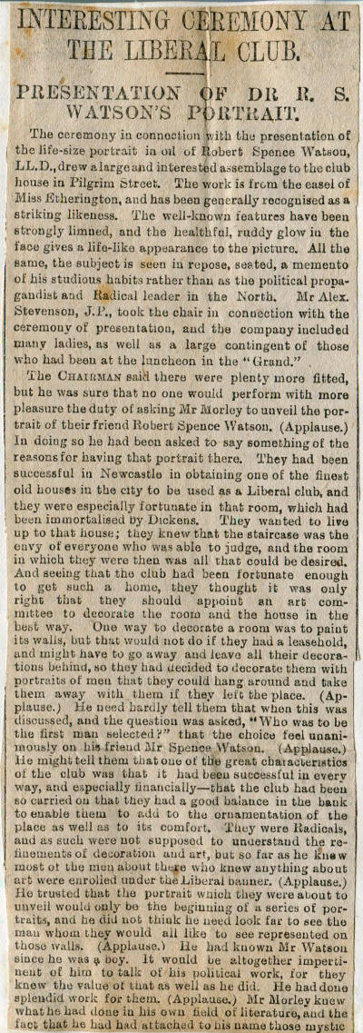 1st of 3 sections of newspaper clipping about the presentation of Robert Spence Watson's portrait