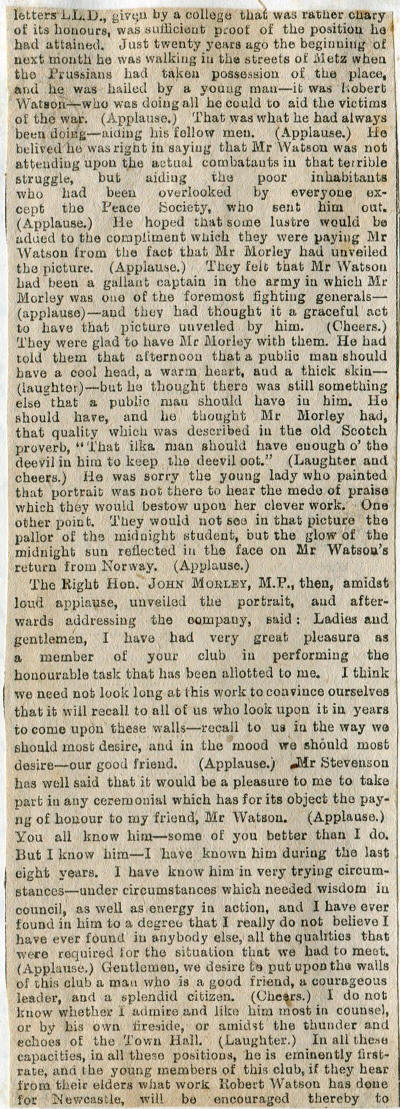 2nd of 3 sections of newspaper clipping about the presentation of Robert Spence Watson's portrait