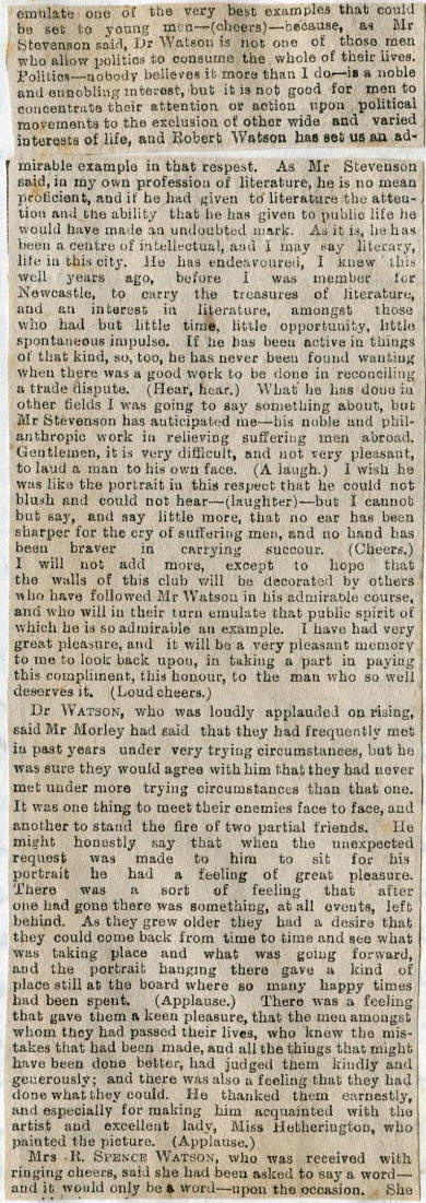3rd of 3 sections of newspaper clipping about the presentation of Robert Spence Watson's portrait