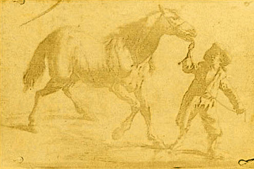 oldest surviving photo: engraving of a man leading a horse, by Niépce
